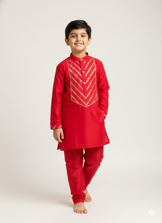 Red Chanderi boys kurta set with matching bottom