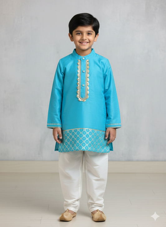 Aqua Blue Kurta Set For Boys