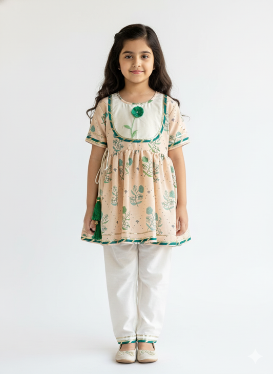 Beige floral printed anchor thread kurta set