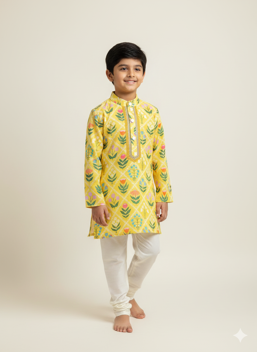 Yellow multi flower print boys kurta set
