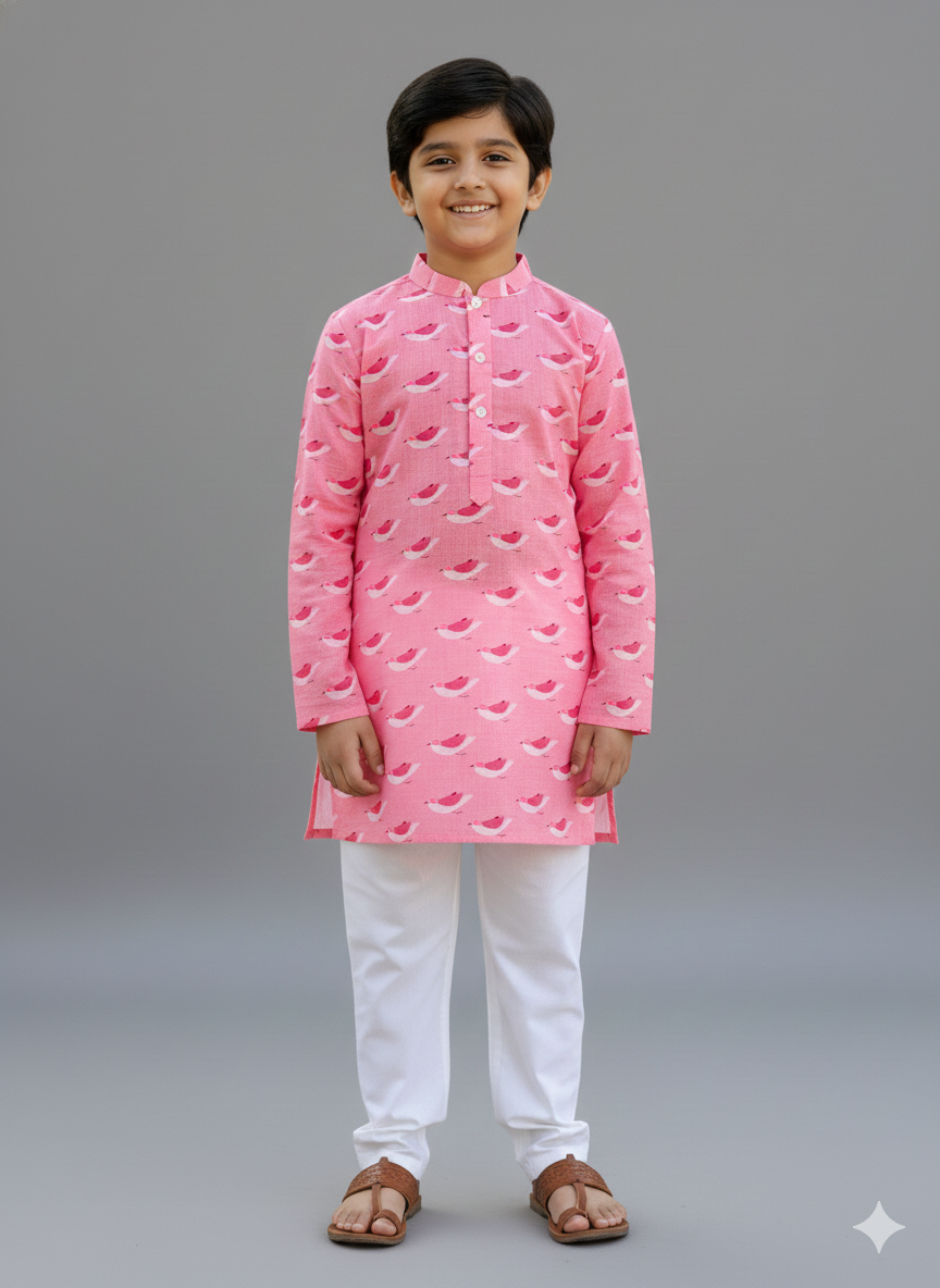 Pink bird print kurta set