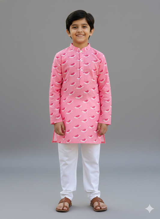 Pink bird print kurta set