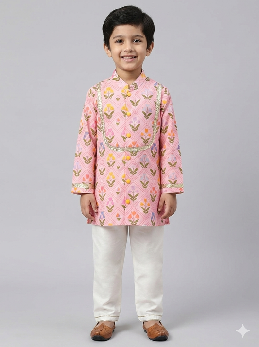 Pink geometric flower print boys kurta set
