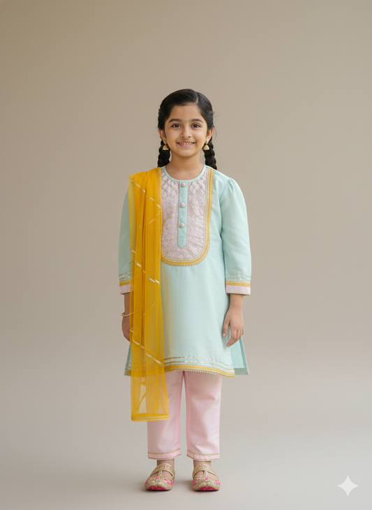 Powder Blue & Pink Kurta Set with Dupatta