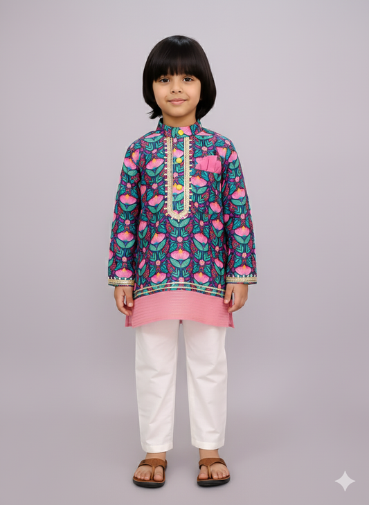 Midnight blue floral print kurta set