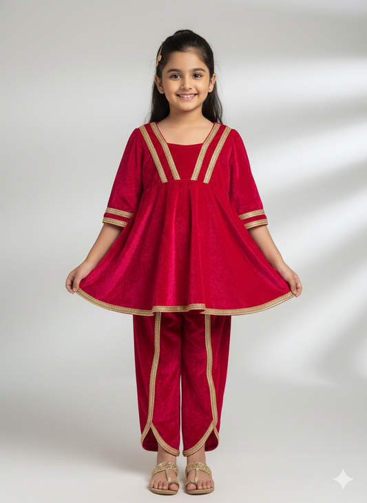 Fuchsia pink frock-style velvet dhoti set