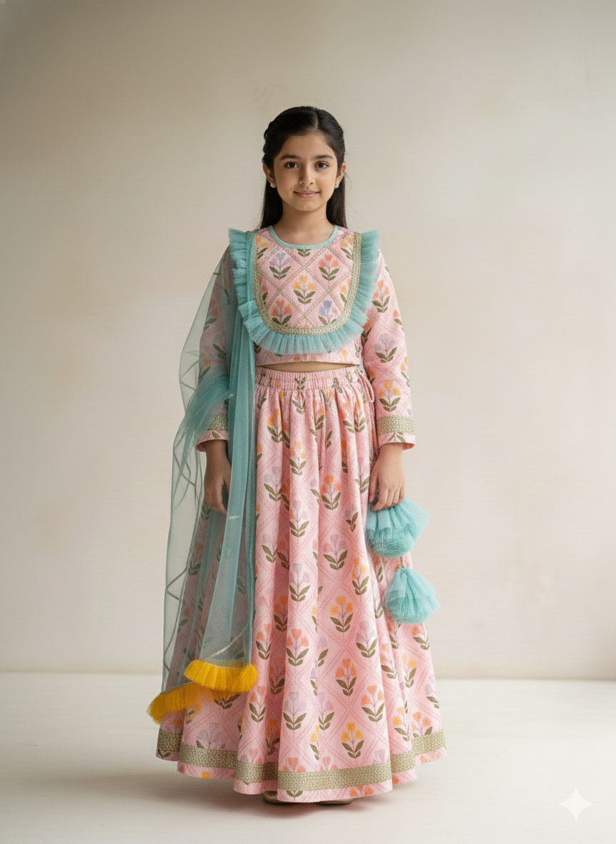 Pink geometric flower print Lehenga