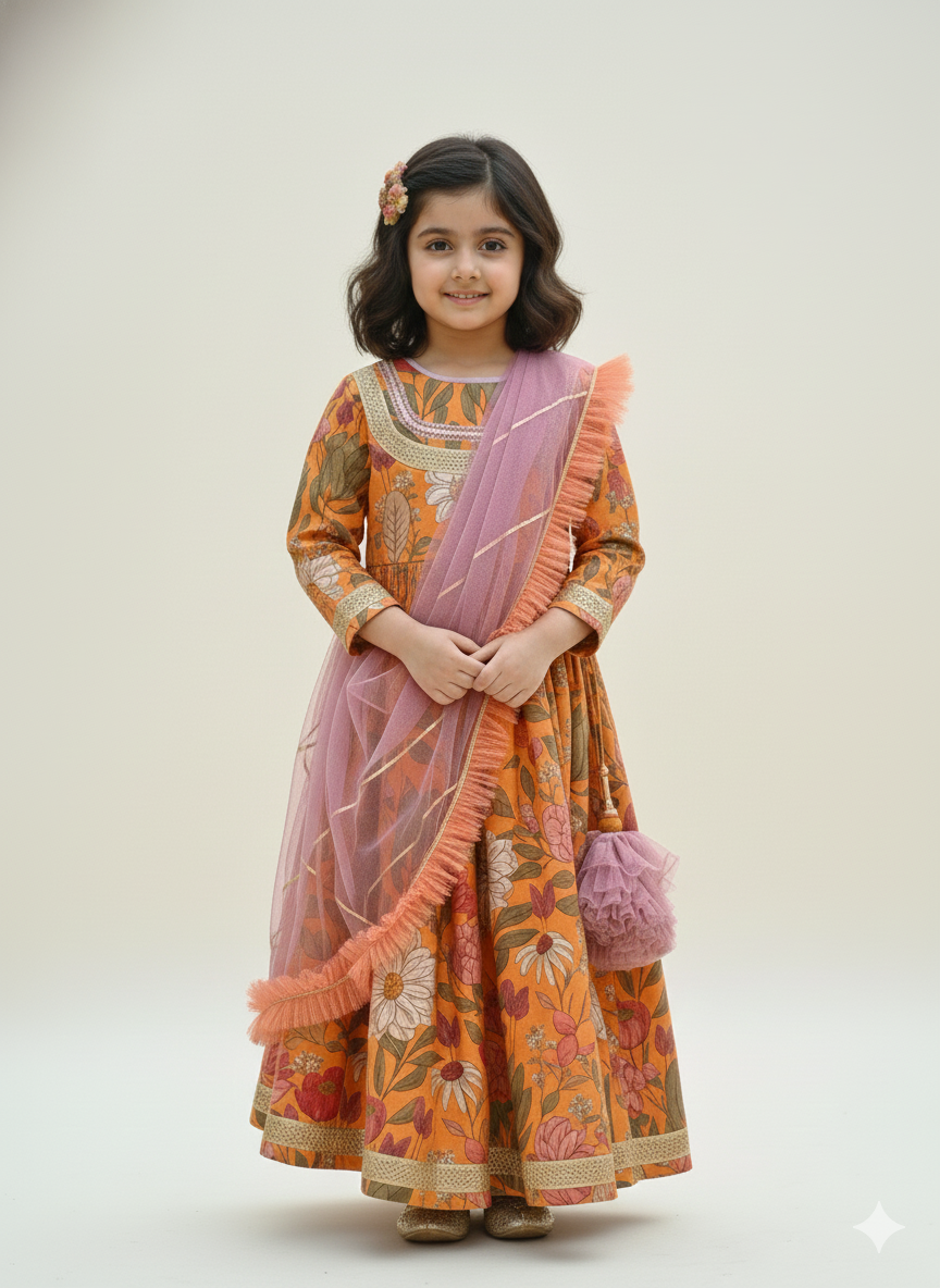 Orange Bold Floral Print Lehenga