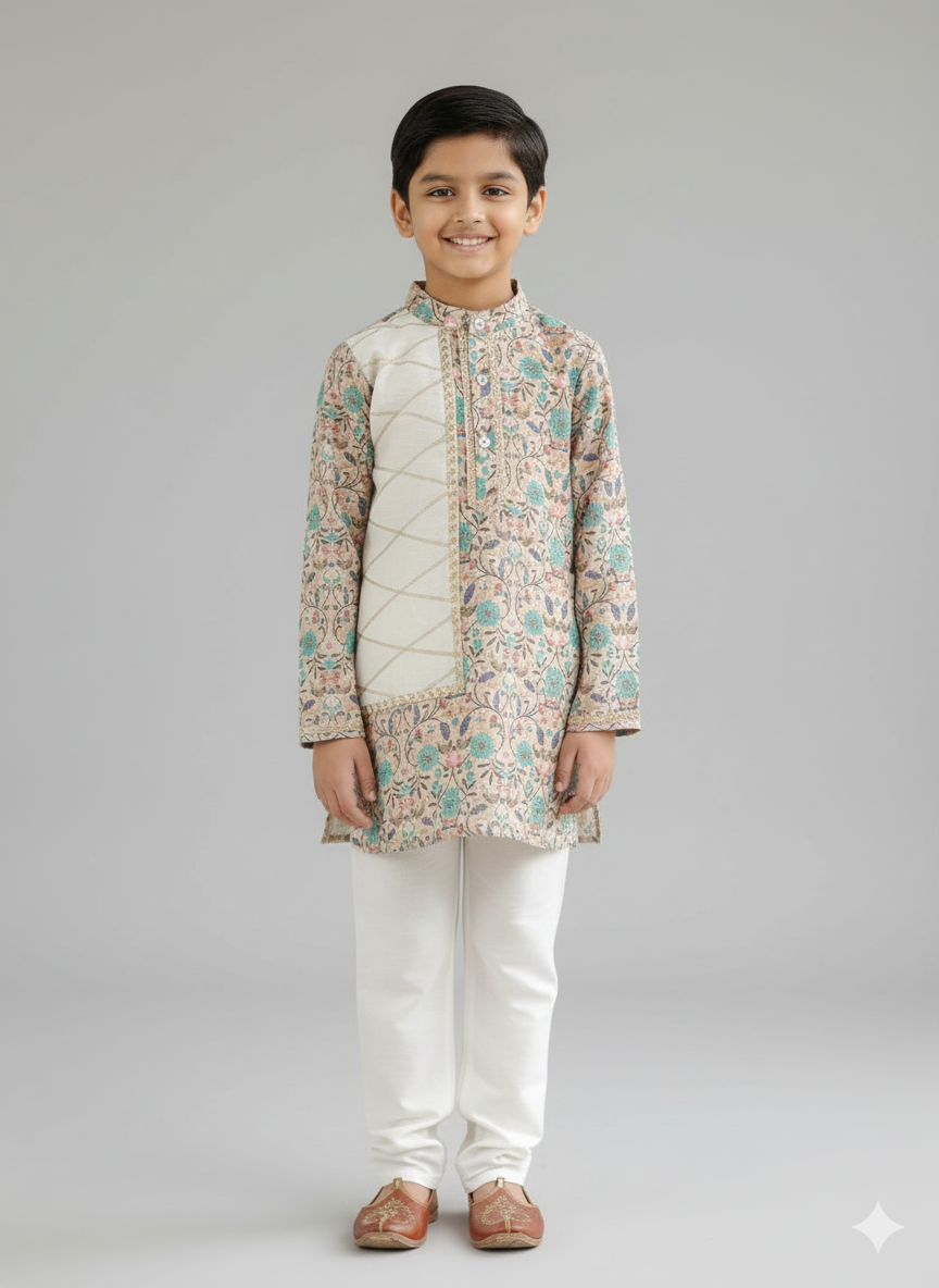 Beige Floral jaal kurta set