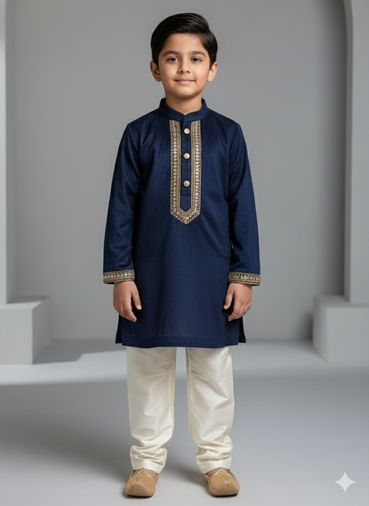 Navy Blue Velvet Kurta Set for Boys