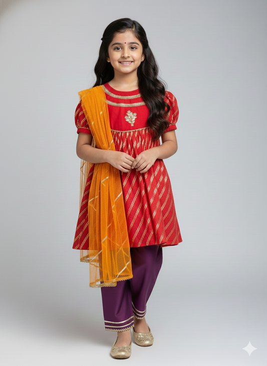 Red Chanderi A- line Kurta with contrasting bottom