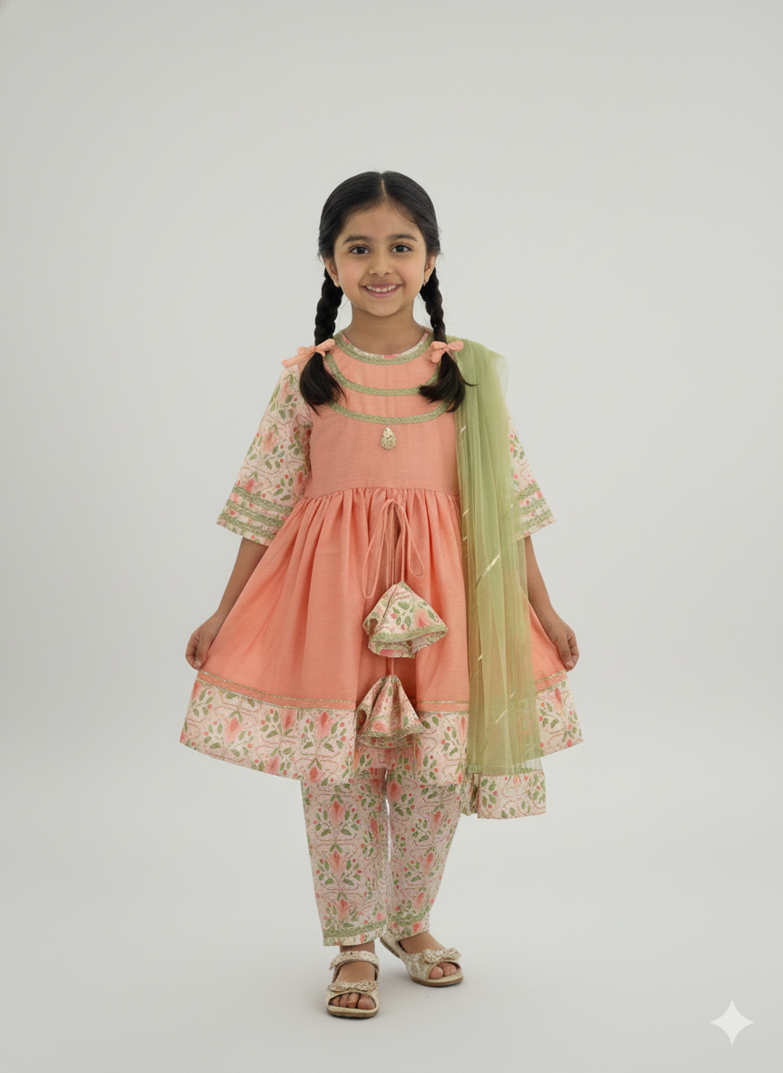 Peach cotton silk frock style kurta with dupatta