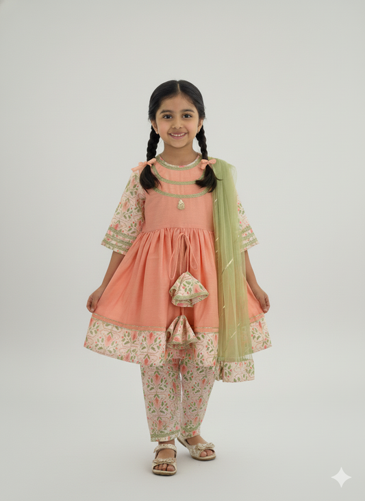 Peach cotton silk frock style kurta with dupatta