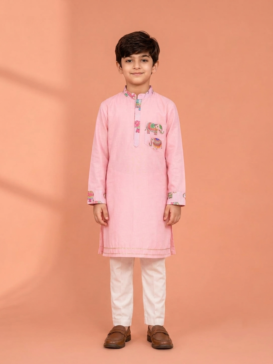 Pink elephant print kurta set