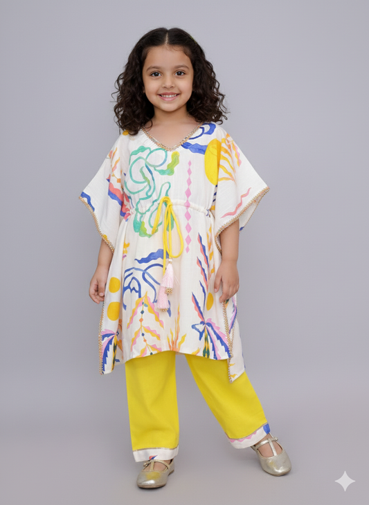 Yellow sun print kaftan kurta set