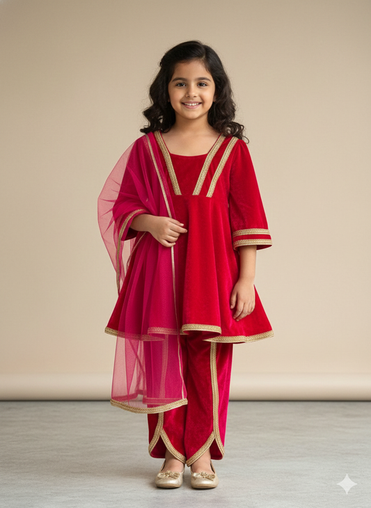 Fuchsia pink frock-style velvet dhoti set with dupatta