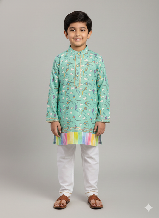 Sky blue kite print kurta set