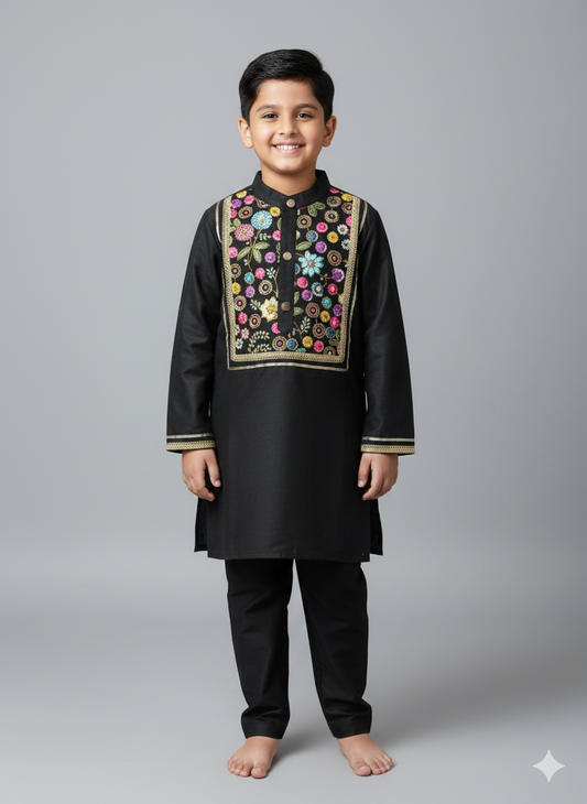 Black Embroidered Kurta Set for boys