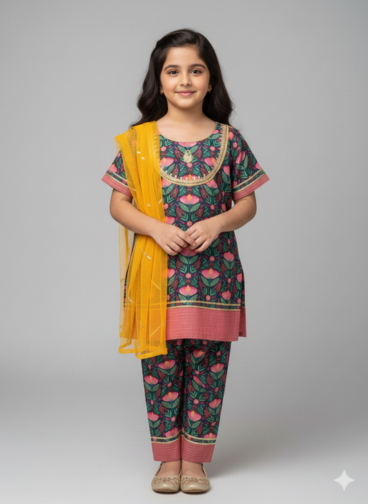 Midnight blue floral print kurta set