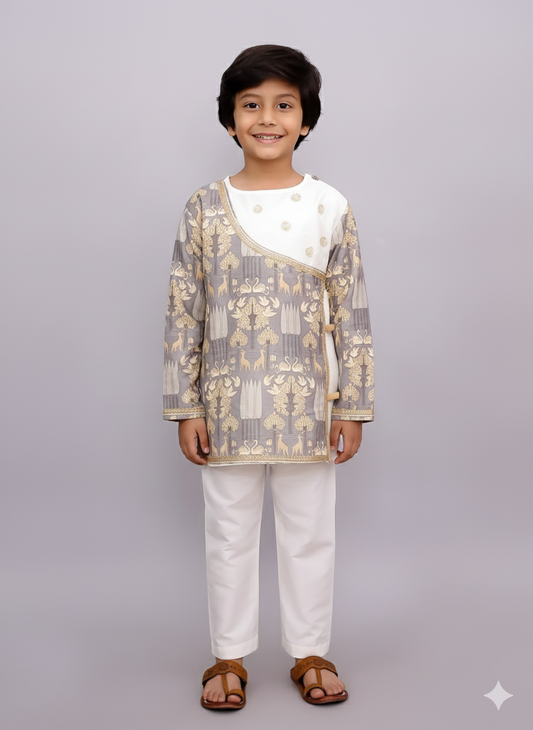 Grey print angrakha dhoti set