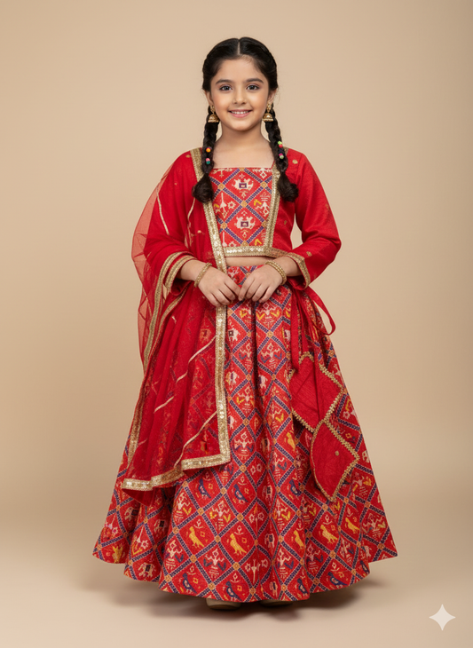 Red Patola Print Blouse and Lehenga