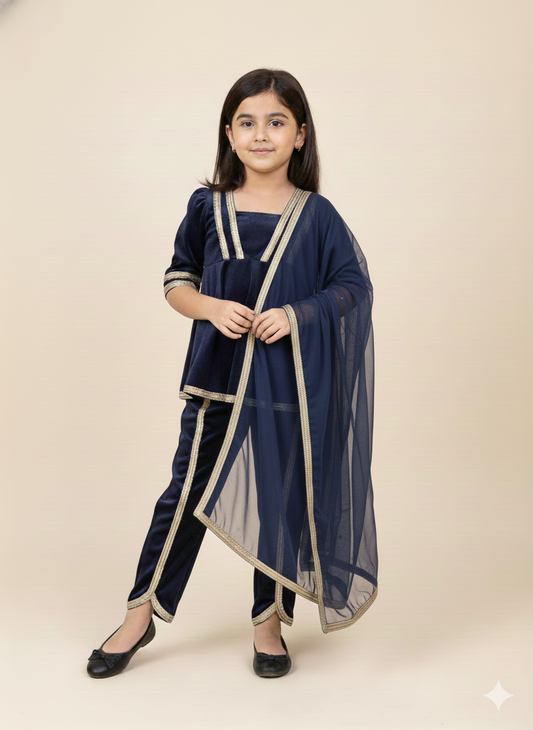 Navy Blue frock-style velvet dhoti set with dupatta