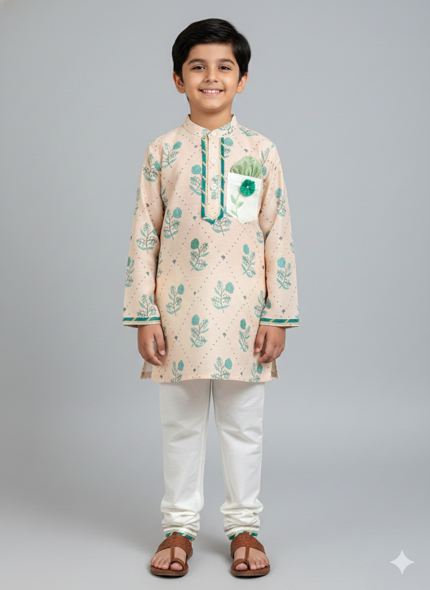 Beige floral print anchor thread kurta set