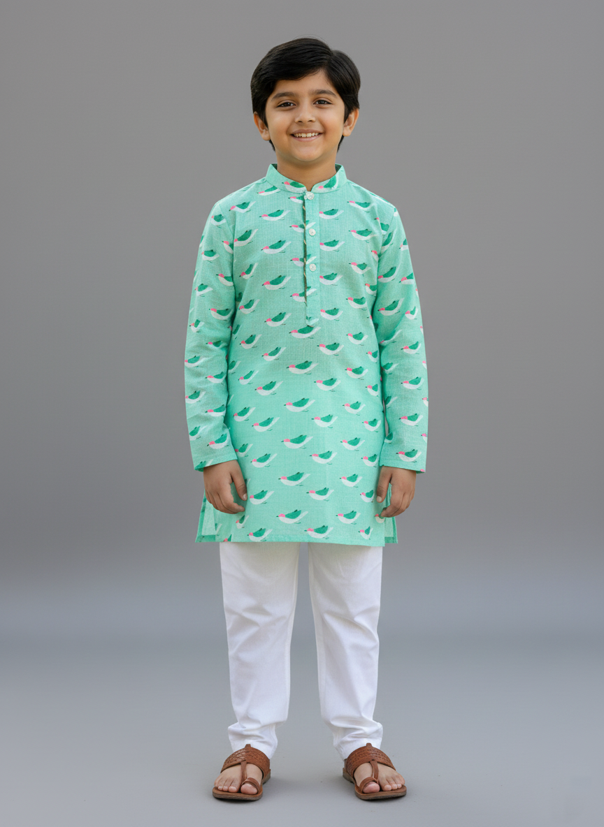 Green bird print kurta set