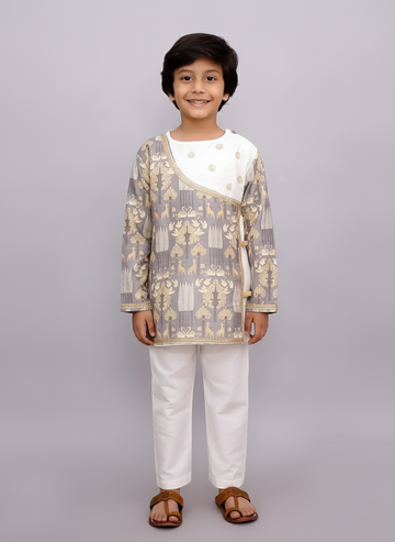 Boys' Grey print angrakha dhoti set, handmade festive kidswear by The Wishing Closet