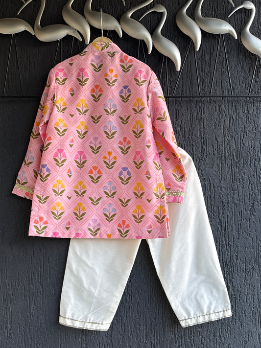 Pink geometric flower print boys kurta set