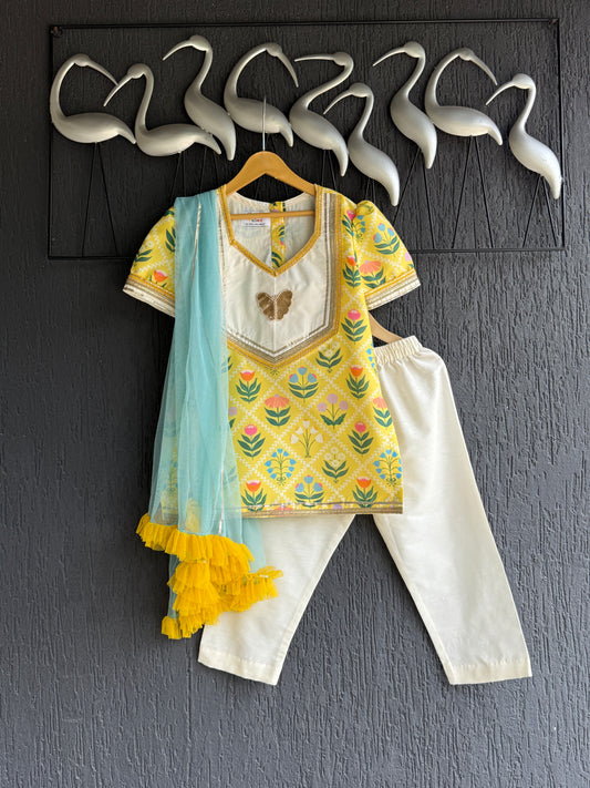 Yellow multi flower print kurta set