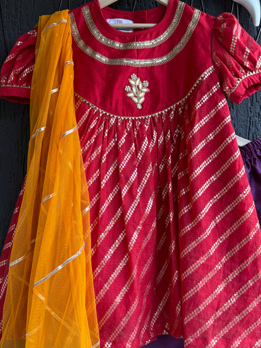 Red Chanderi A- line Kurta with contrasting bottom