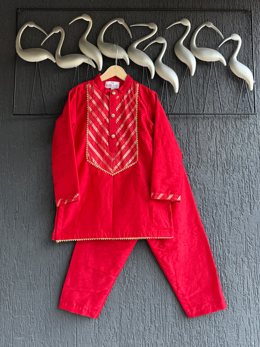 Red Chanderi boys kurta set with matching bottom