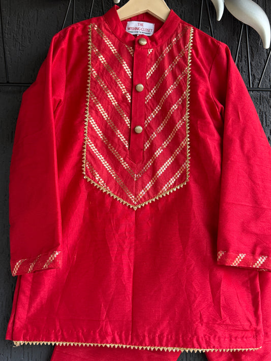 Red Chanderi boys kurta set with matching bottom
