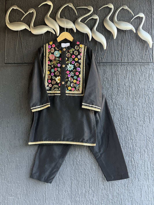 Black Embroidered Kurta Set for boys