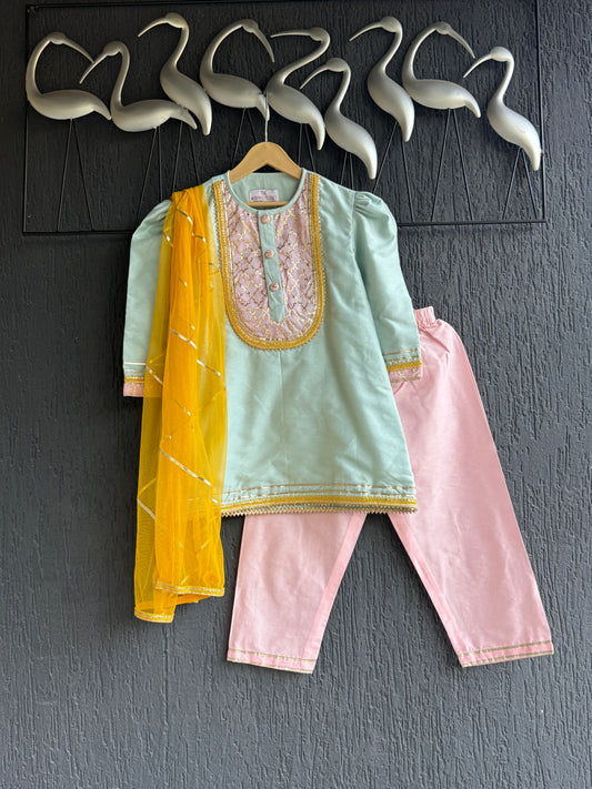 Powder Blue & Pink Kurta Set with Dupatta