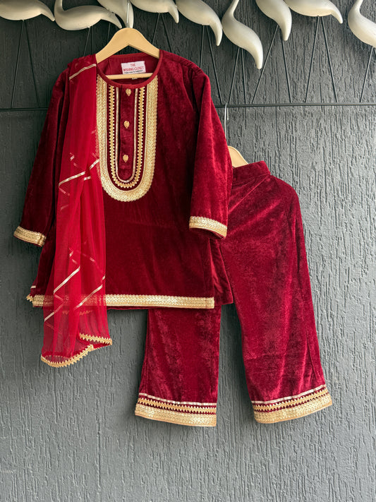Maroon Velvet Kurta Co-ord Set