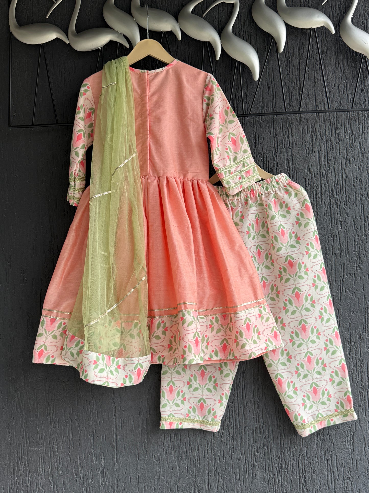 Peach cotton silk frock style kurta with dupatta