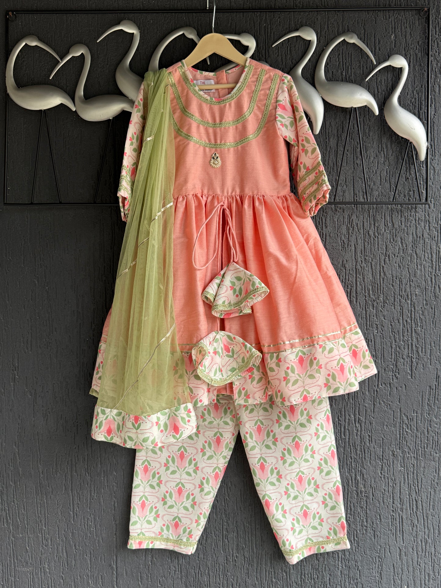 Peach cotton silk frock style kurta with dupatta