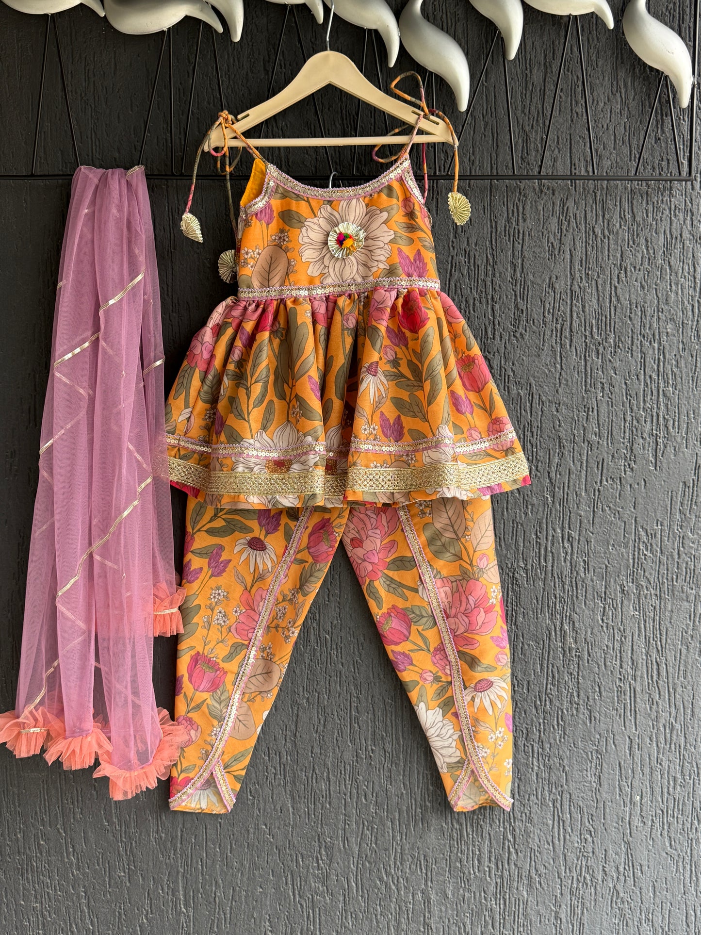 Orange Bold Flower Strap Kurta with Dhoti