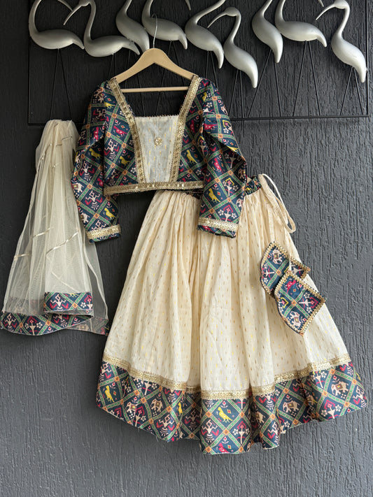 Navy Blue Patola Print Blouse and Lehenga