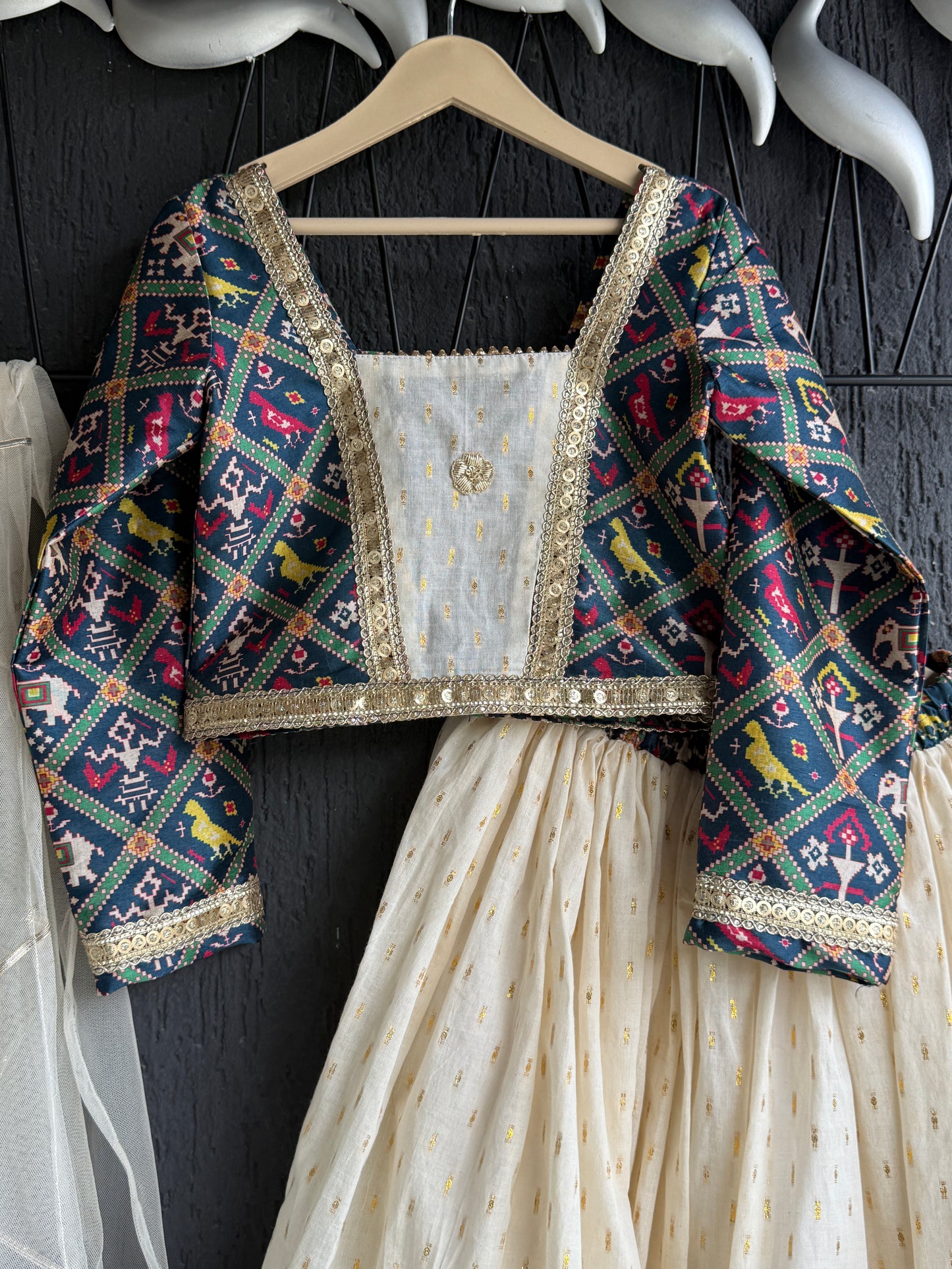 Navy Blue Patola Print Blouse and Lehenga