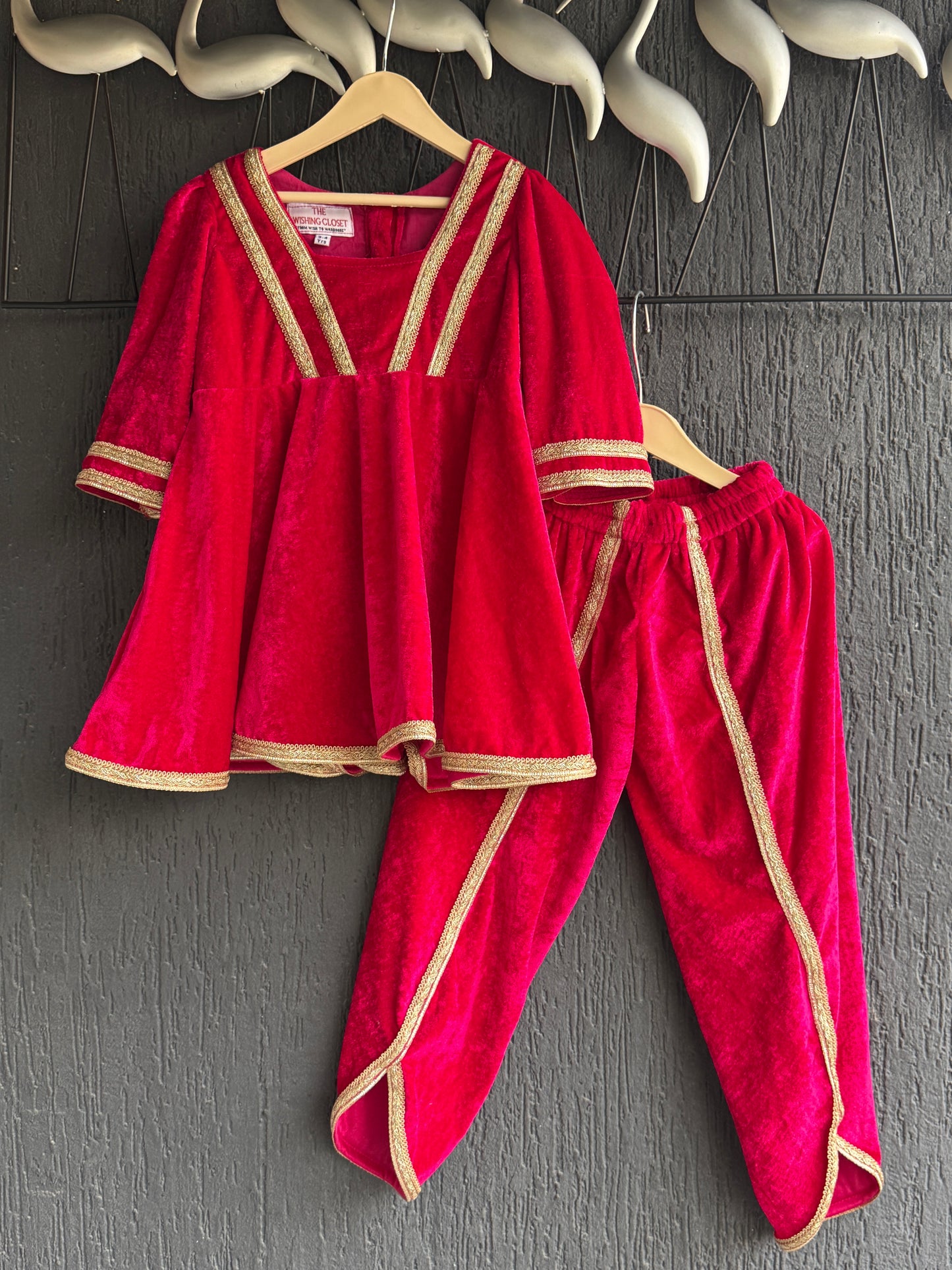 Fuchsia pink frock-style velvet dhoti set