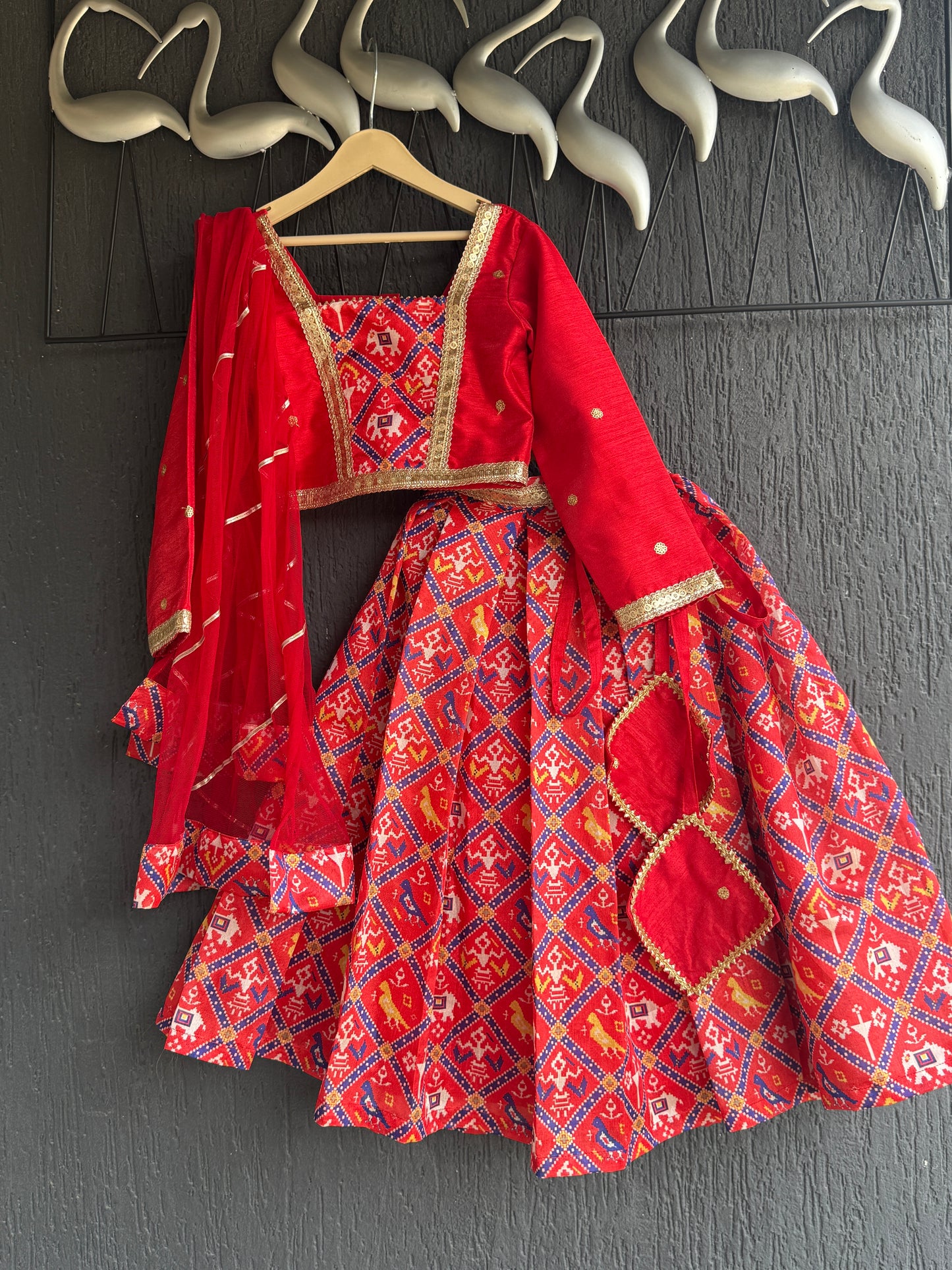 Red Patola Print Blouse and Lehenga