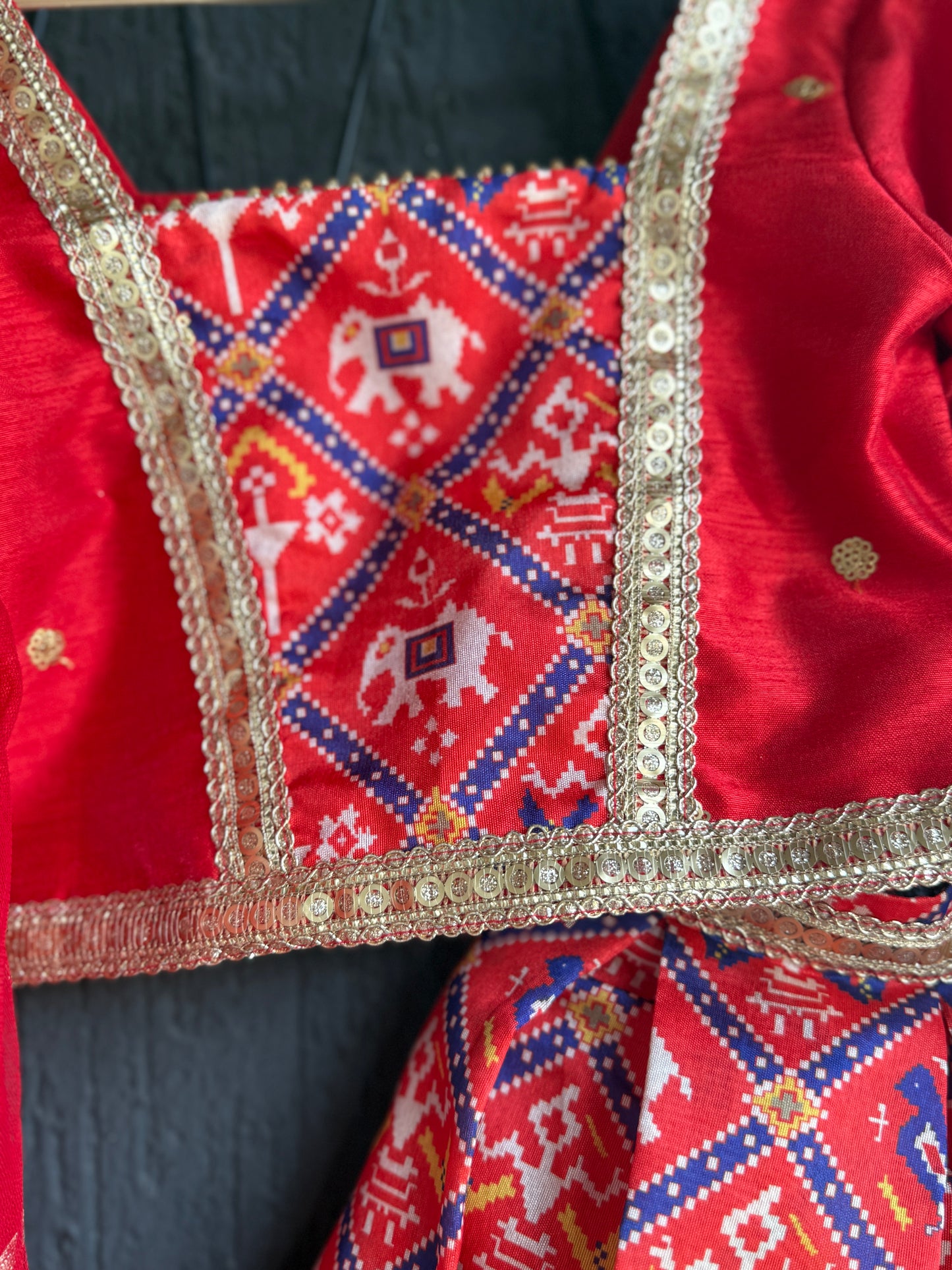 Red Patola Print Blouse and Lehenga