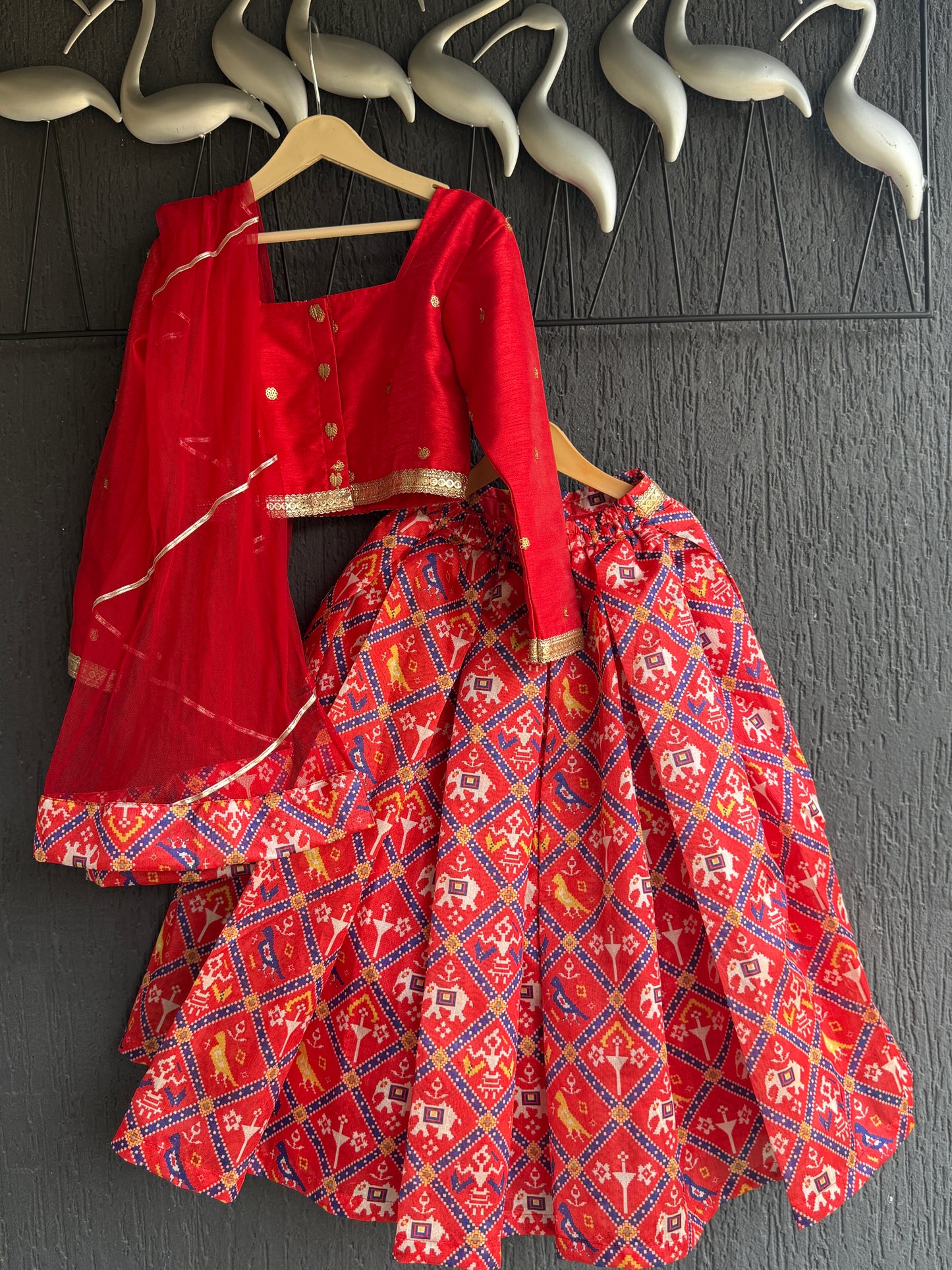 Red Patola Print Blouse and Lehenga