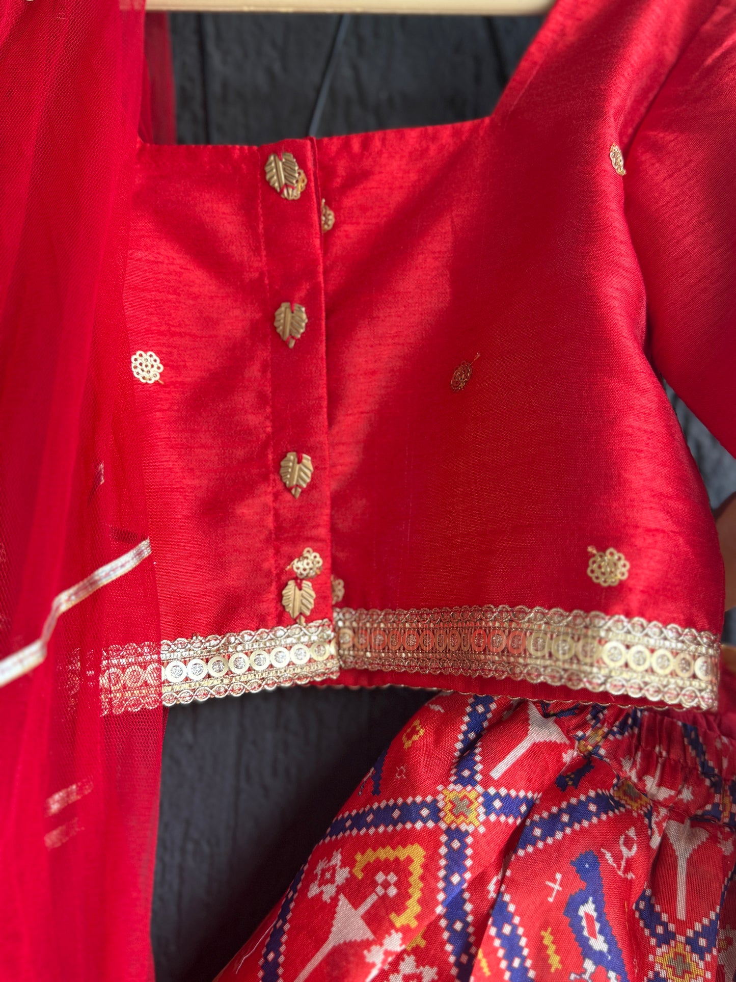 Red Patola Print Blouse and Lehenga