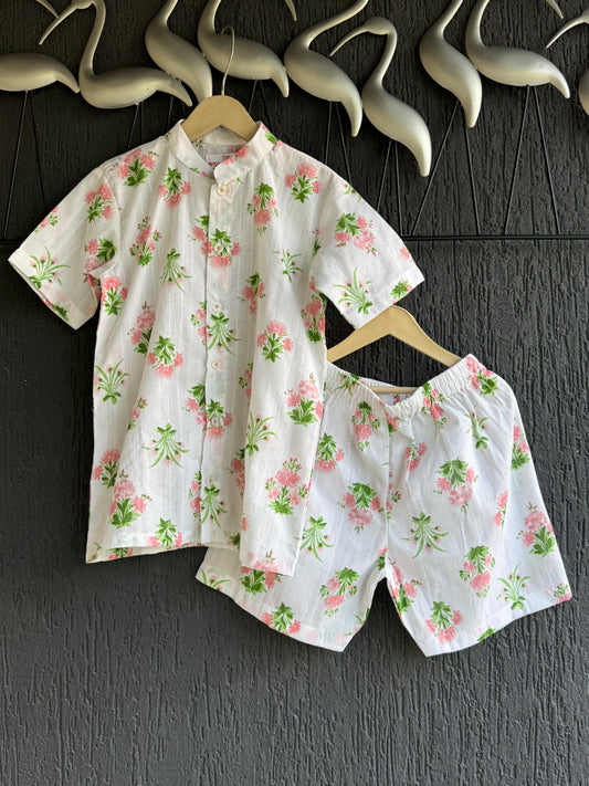 off white floral print summer shirt shorts
