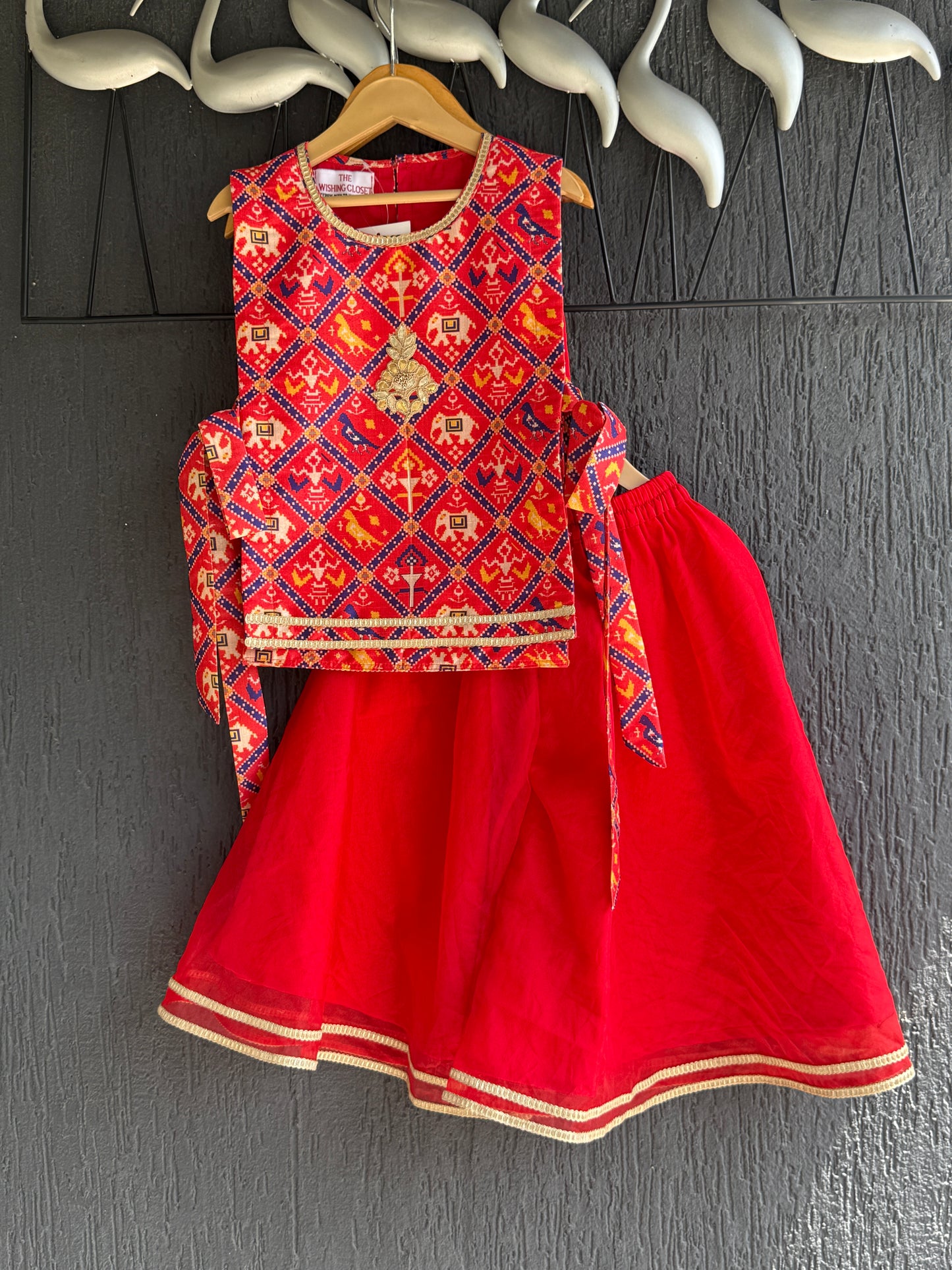 3 Piece red patola top with flared plazzo