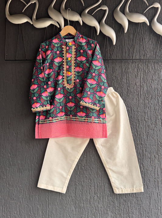 Midnight blue floral print kurta set